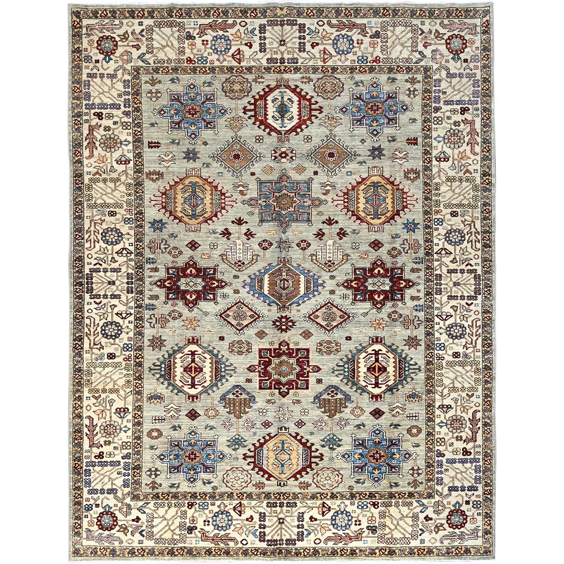 Spray Green, Alabaster White Border, Densely Woven Afghan Super Kazak with Tribal Medallions Design, Hand Knotted, Soft and Velvety Wool, Oriental Rug